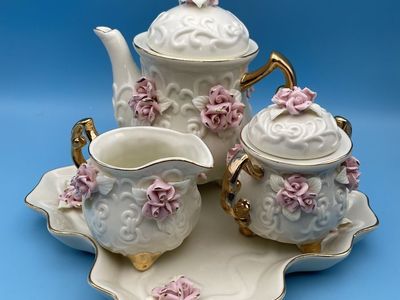Very Nice Porcelain Miniature Tea Set w/Pink Roses & 10K Gold Trim