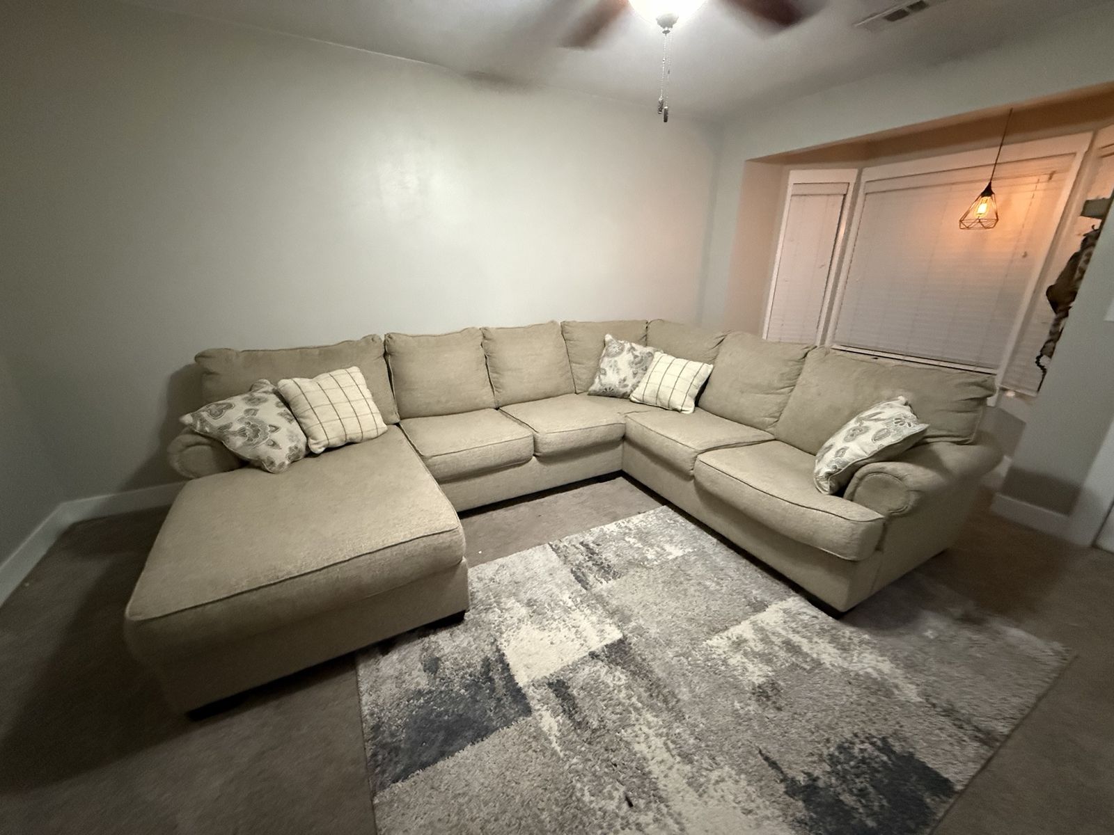 Beige Fabric L-Shape Sectional Sofa with Chaise and Accent Pillows