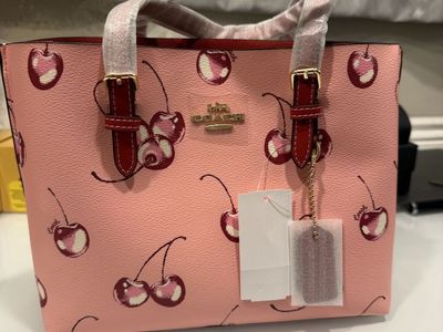 Coach Pink Cherry Print Leather Tote with Red Trim