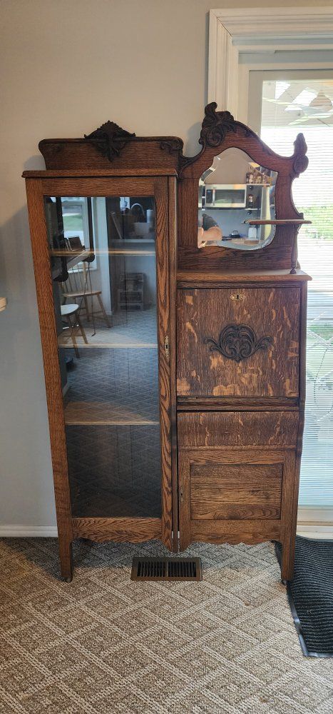 Antique Wooden Secretary Desk with Glass Display Cabinet & Mirror - Vintage Furniture