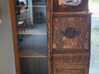 Antique Wooden Secretary Desk with Glass Display Cabinet & Mirror - Vintage Furniture