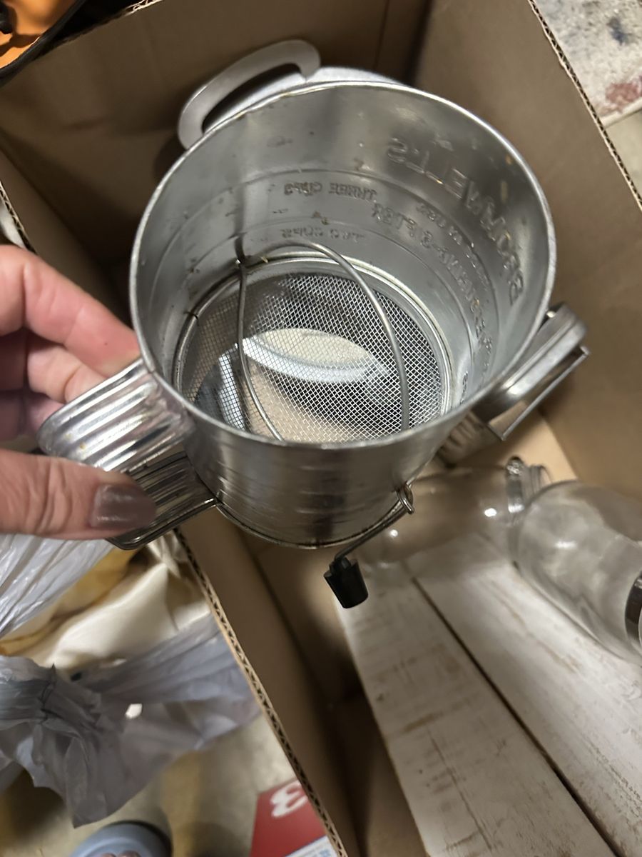 Vintage Metal Flour Sifter with Crank Handle and other vintage kitchen items