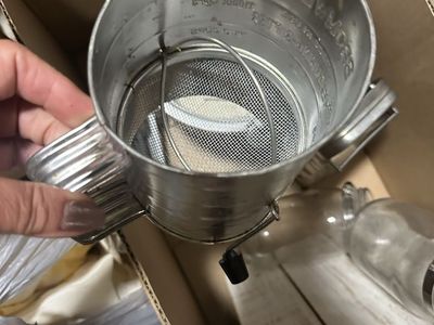 Vintage Metal Flour Sifter with Crank Handle and other vintage kitchen items