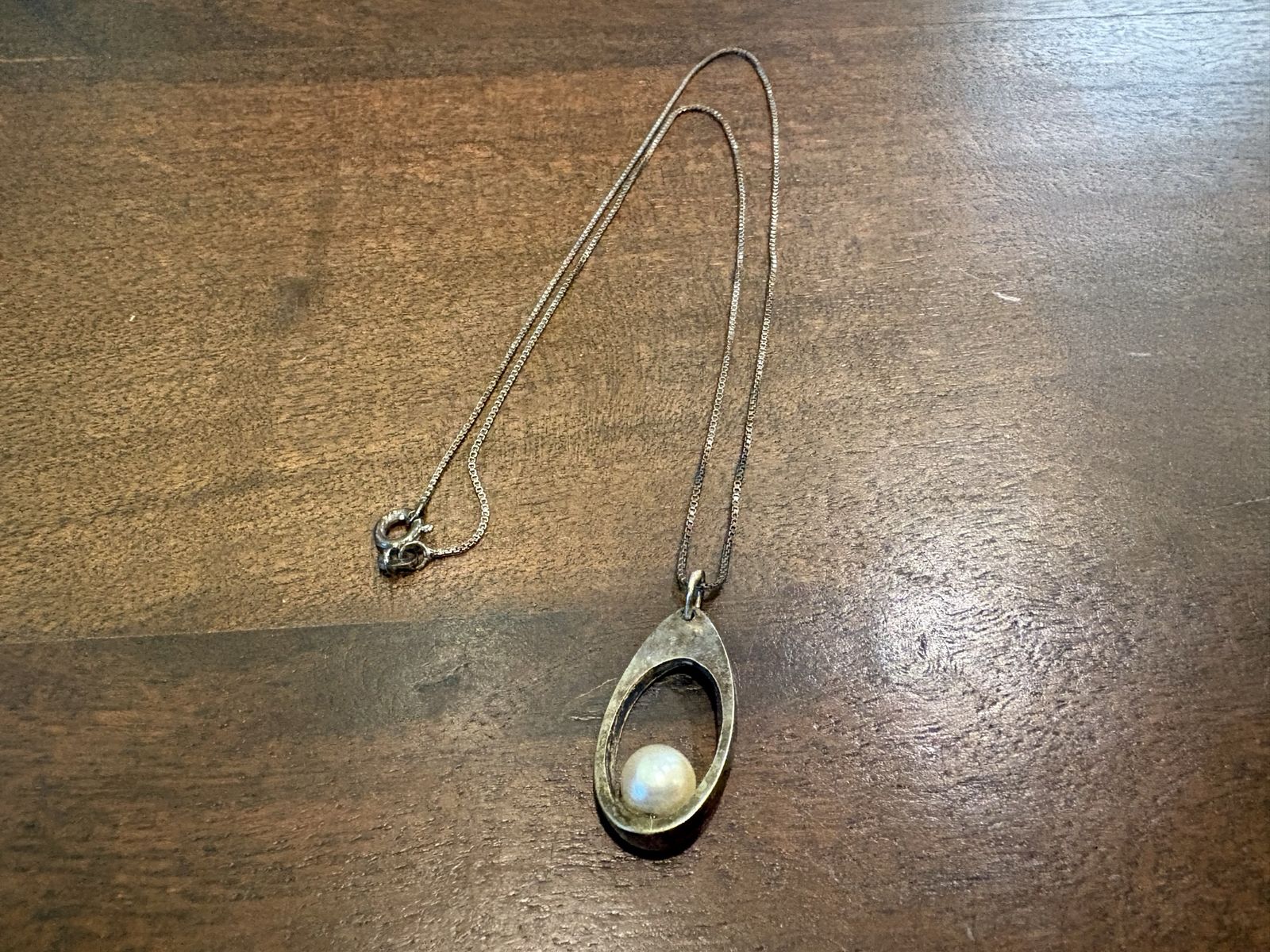 Vintage Sterling Silver Box Chain Necklace Pearl Pendant