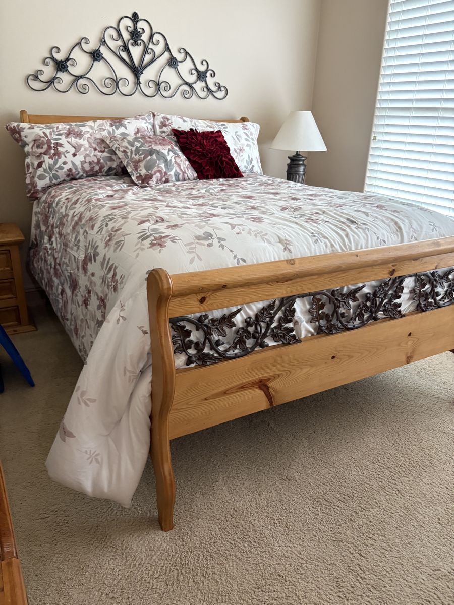 Wooden Bed Frame with Ornate Metal Scrollwork Headboard & Footboard