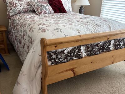 Wooden Bed Frame with Ornate Metal Scrollwork Headboard & Footboard