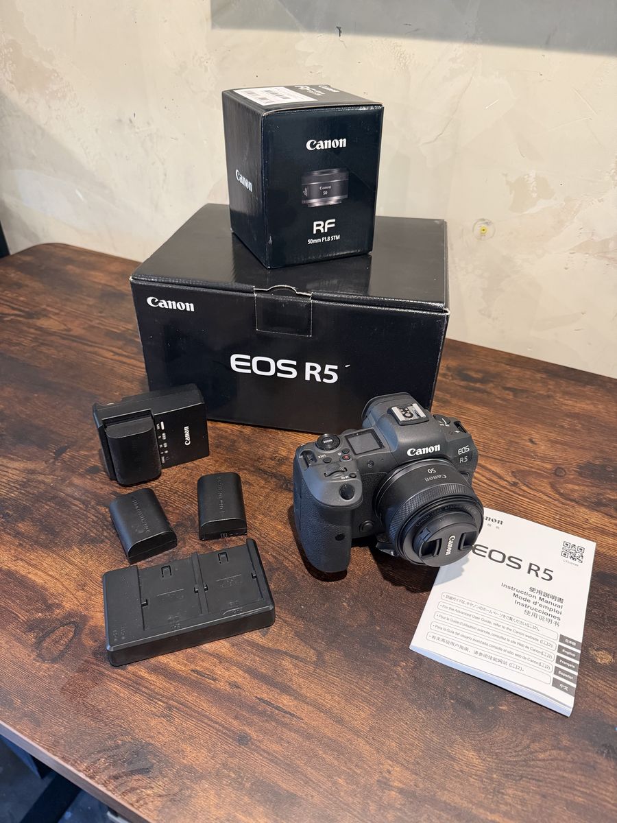 Canon EOS R5 Mirrorless Camera with RF 50mm f/1.8 STM Lens, Boxes, and Accessories