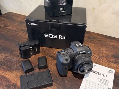 Canon EOS R5 Mirrorless Camera with RF 50mm f/1.8 STM Lens, Boxes, and Accessories