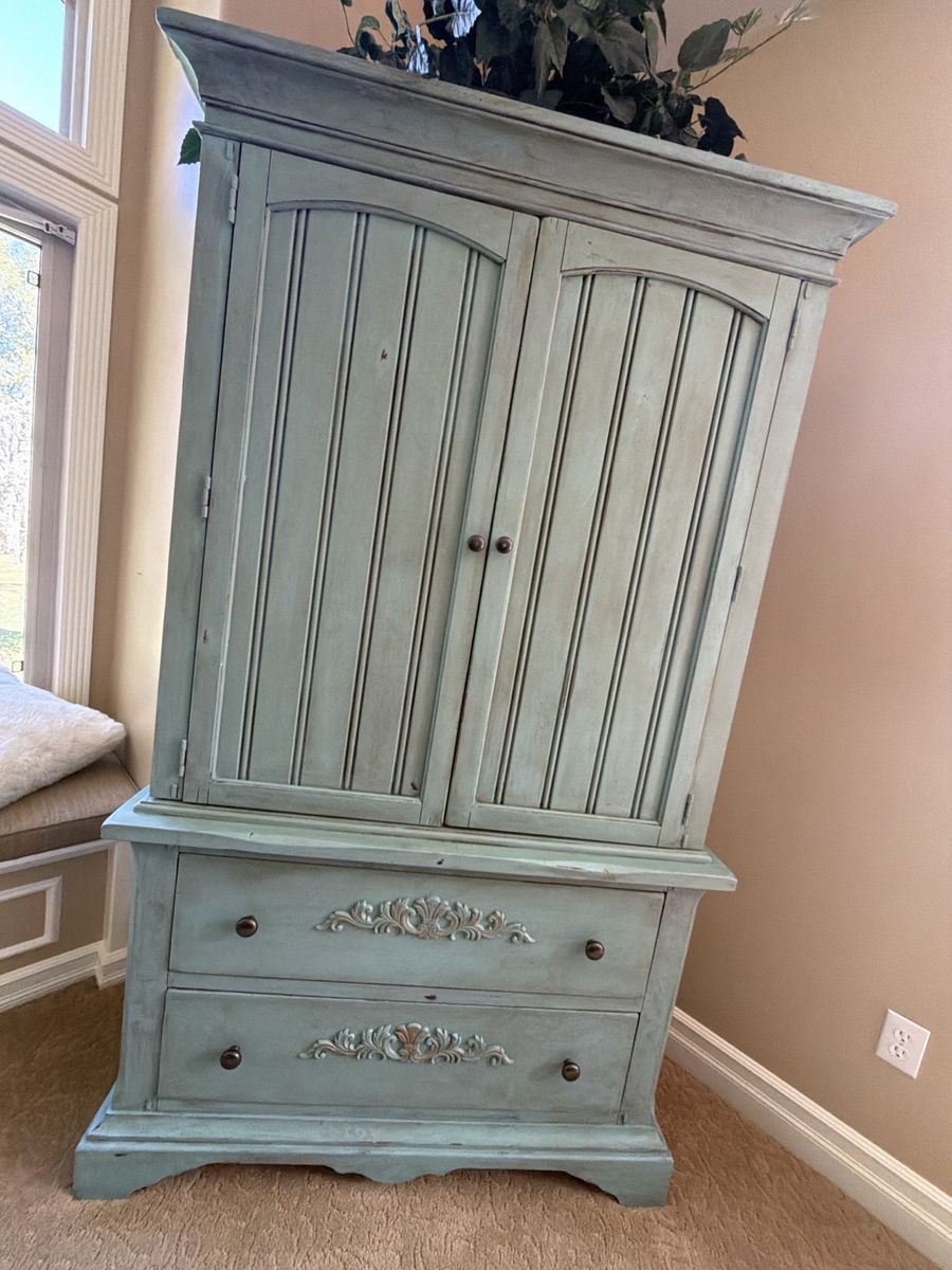 Distressed Blue-Green Farmhouse Armoire Cabinet