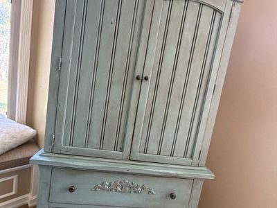 Distressed Blue-Green Farmhouse Armoire Cabinet
