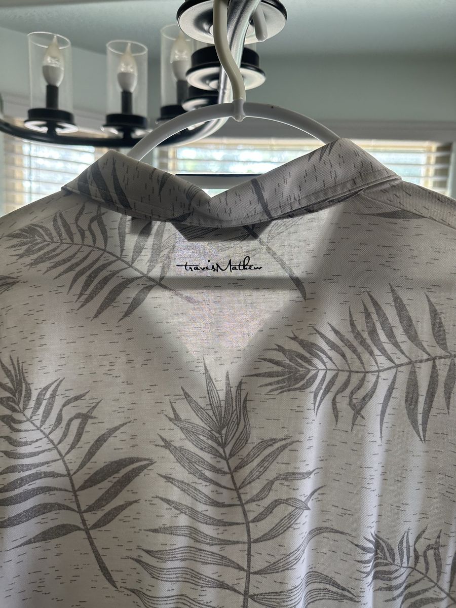 Travis Mathew Men's XXL White/Gray Palm Print Polo Shirt - Polyester, Short Sleeve
