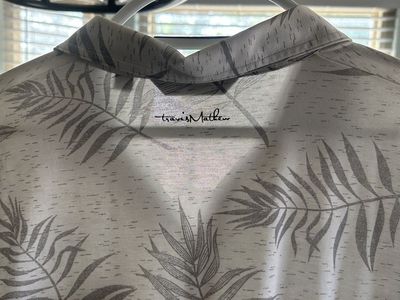 Travis Mathew Men's XXL White/Gray Palm Print Polo Shirt - Polyester, Short Sleeve