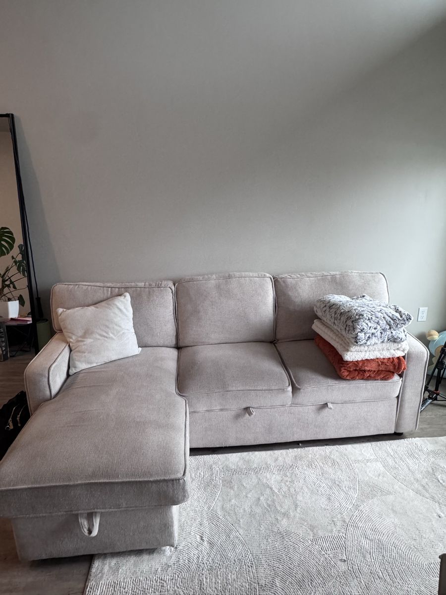 L couch, pull out couch. With storage