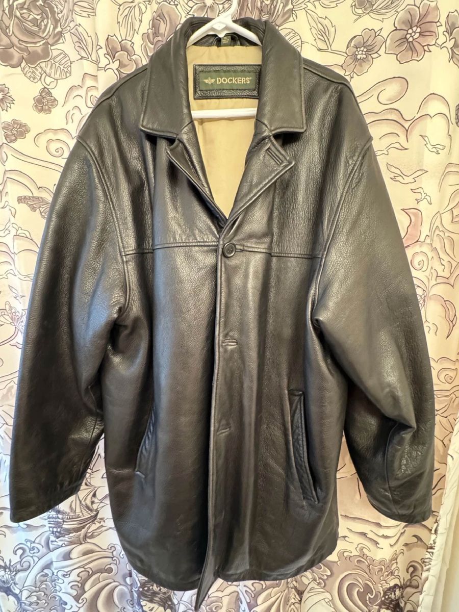 Vintage late-1990s Dockers heavyweight black leather car coat, men’s XL