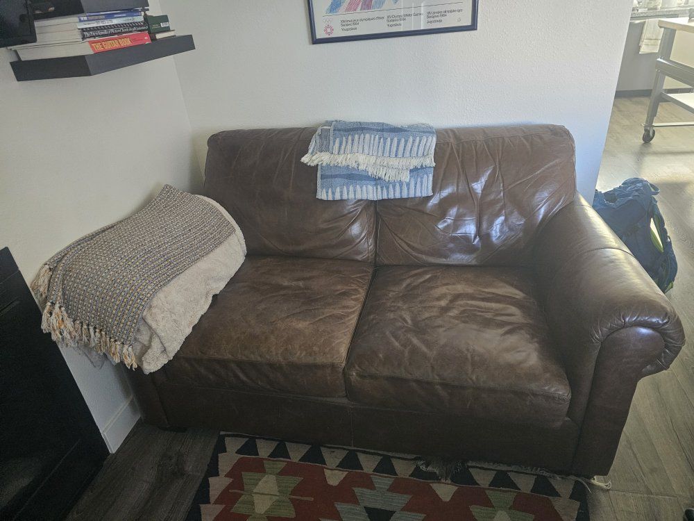 Used Brown Faux Leather Loveseat - Compact 2-Seater with Wear and Tear