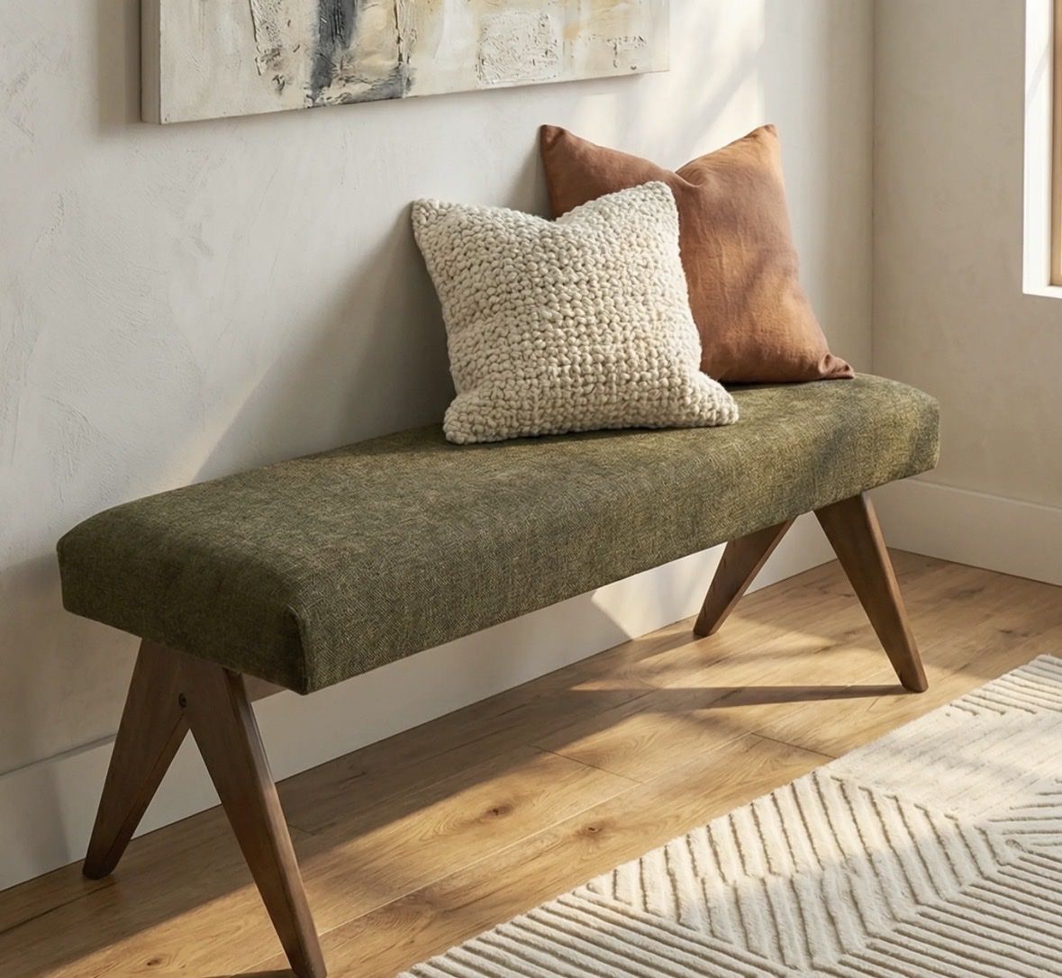NEW- Mid Century Fully Upholstered Wood Frame Waterfall Bench