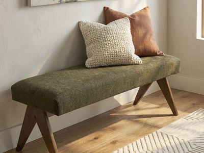 NEW- Mid Century Fully Upholstered Wood Frame Waterfall Bench