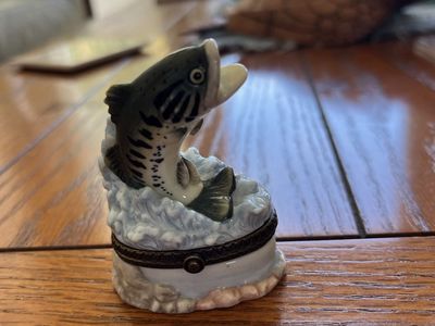 Vintage PHB Ceramic Jumping Bass Trinket Box Hinged Figurine