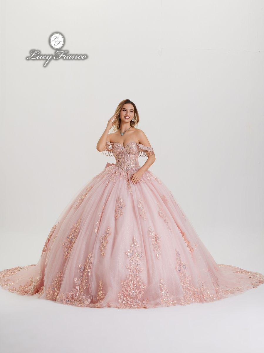 Elegant Blush Quinceañera Dress -Long Train, Bow & Ribbons