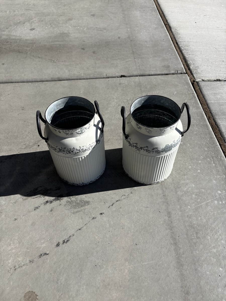 Set of 2 Distressed White Farmhouse Metal Milk Can Vases with Handles - Rustic Decor