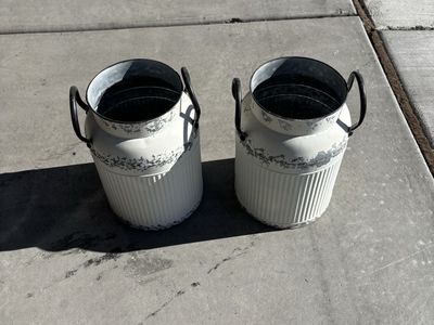 Set of 2 Distressed White Farmhouse Metal Milk Can Vases with Handles - Rustic Decor