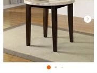 Round Marble Top Bar Height Dining Table & 4 Chairs - Black Faux Leather, Counter Stools