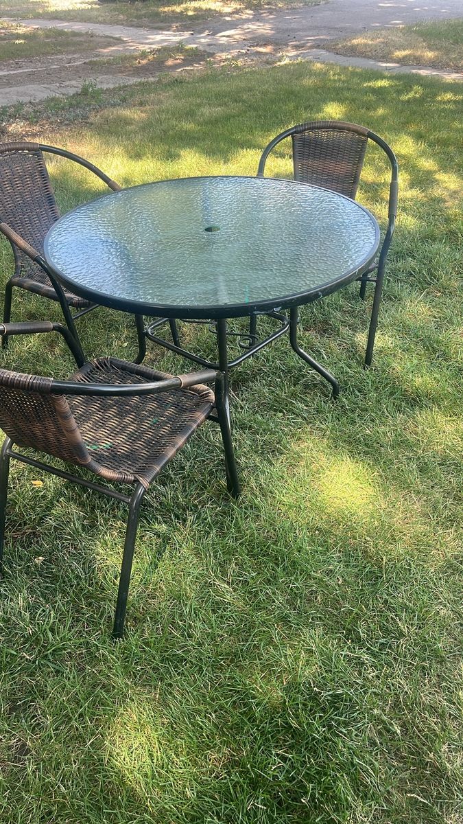 Outdoor Patio Dining Set - Round Glass Table 3 Chairs