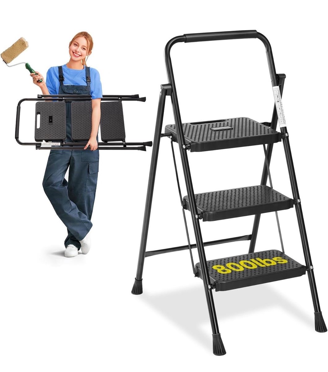 Brand new Unbranded 3-Step Folding Step Stool Ladder, 800lbs Capacity, Anti-Slip, Portable, Black
