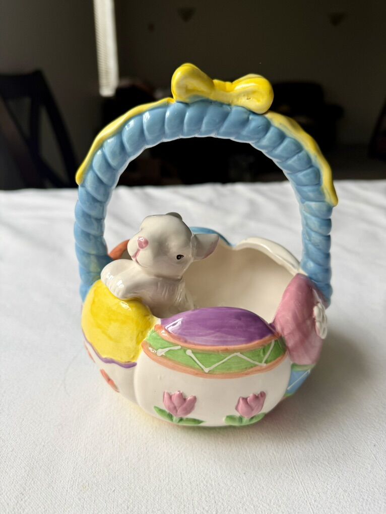 Ceramic Easter Bunny Basket Candy Decor Bowl