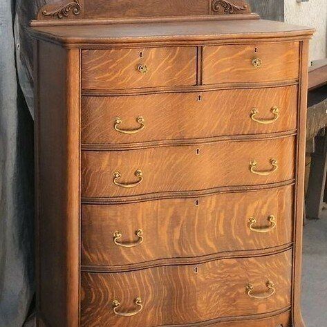 Antique Oak Dresser with Oval Mirror - 6-Drawer Chest with Casters, Ornate Carving