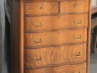 Antique Oak Dresser with Oval Mirror - 6-Drawer Chest with Casters, Ornate Carving