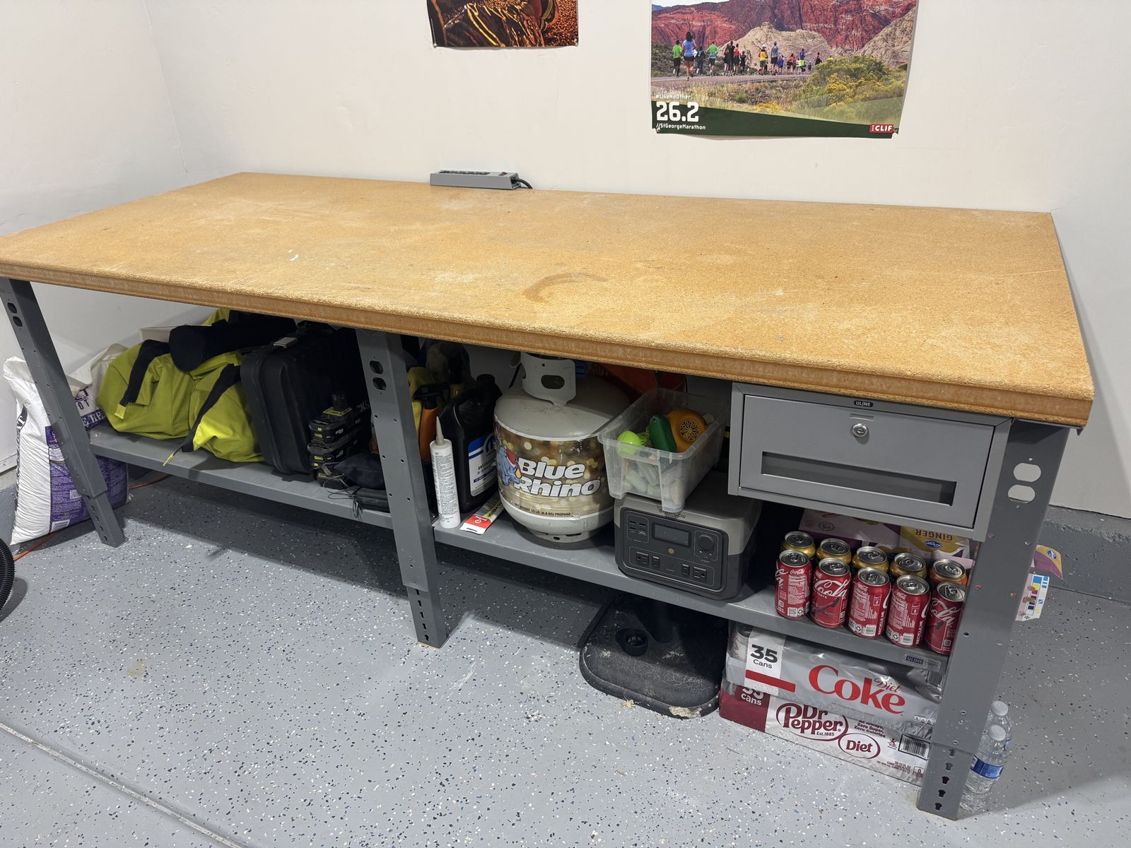 Uline Heavy-Duty Steel Frame Composite Wood Top Workbench with Drawer and Shelf - Garage/Workshop Ready