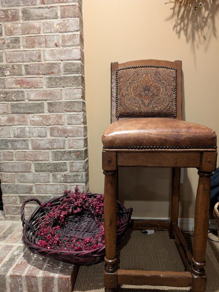 Wood and Leather Designer Barstools, Set of Four