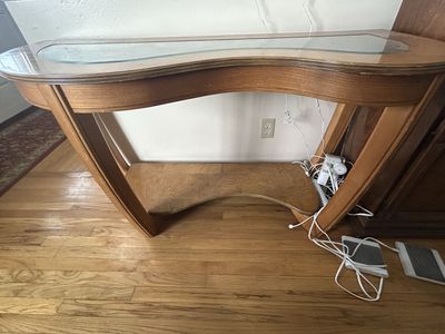 Vintage Hallway or Accent End Table With Beveled Tempered Glass Top & Bottom Shef, Light Honey Oak Color, 51x30x20