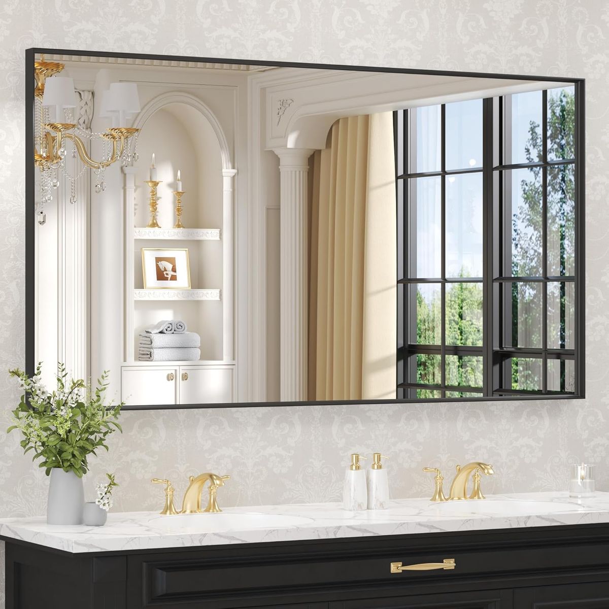 NEW 60"X28" Black Rectangle Bathroom Mirror Wall, Matte Black Aluminum Alloy Frame