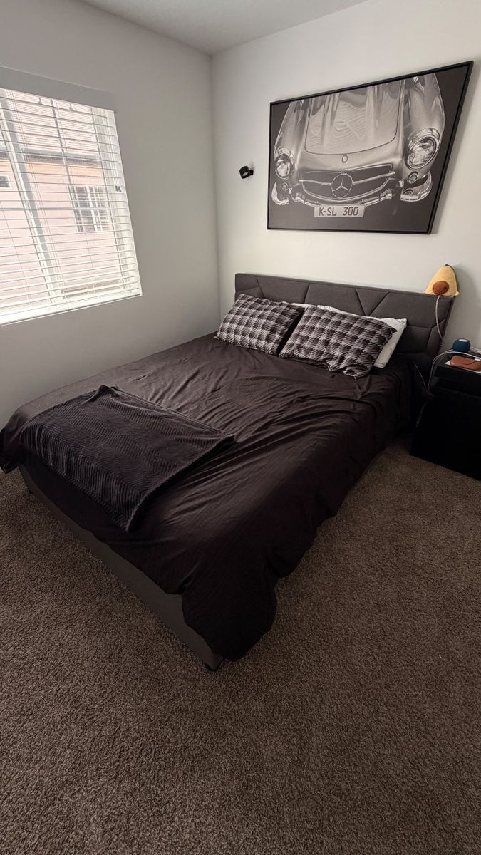 Gray Queen Bed w/ Twin Trundle, 2 Mattresses & Storage
