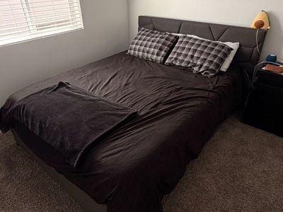 Gray Queen Bed w/ Twin Trundle, 2 Mattresses & Storage