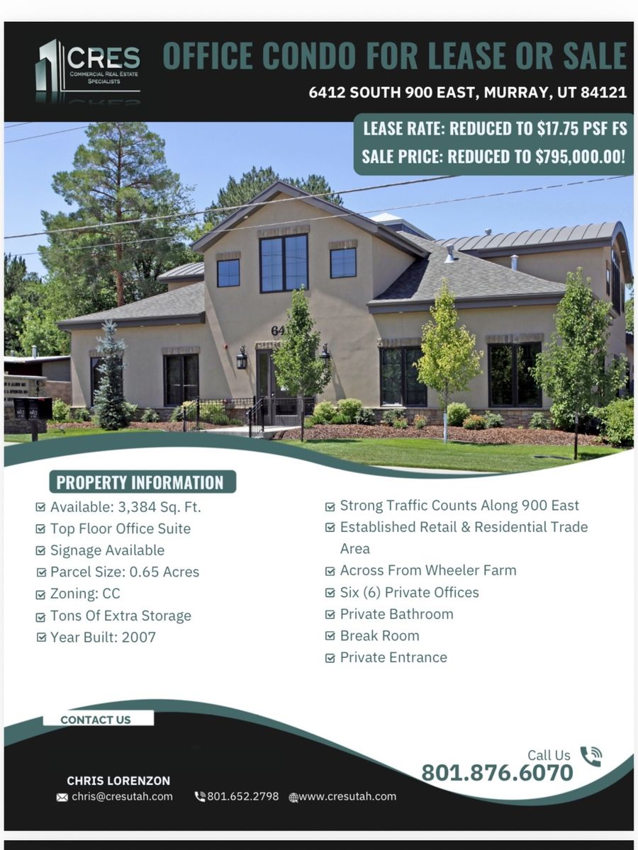 PRICE REDUCTION!! OFFICE SPACE FOR LEASE OR FOR SALE