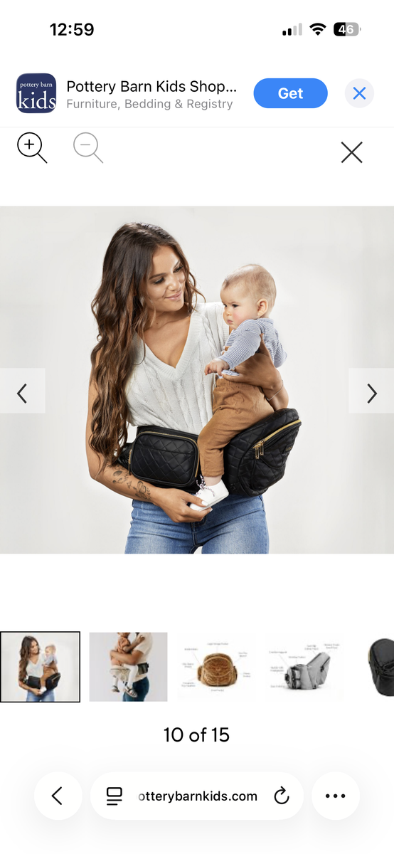 Like new- Tushbaby Hip Seat Baby Carrier Black Quilted Vegan Leather Gold Zip Adjustable