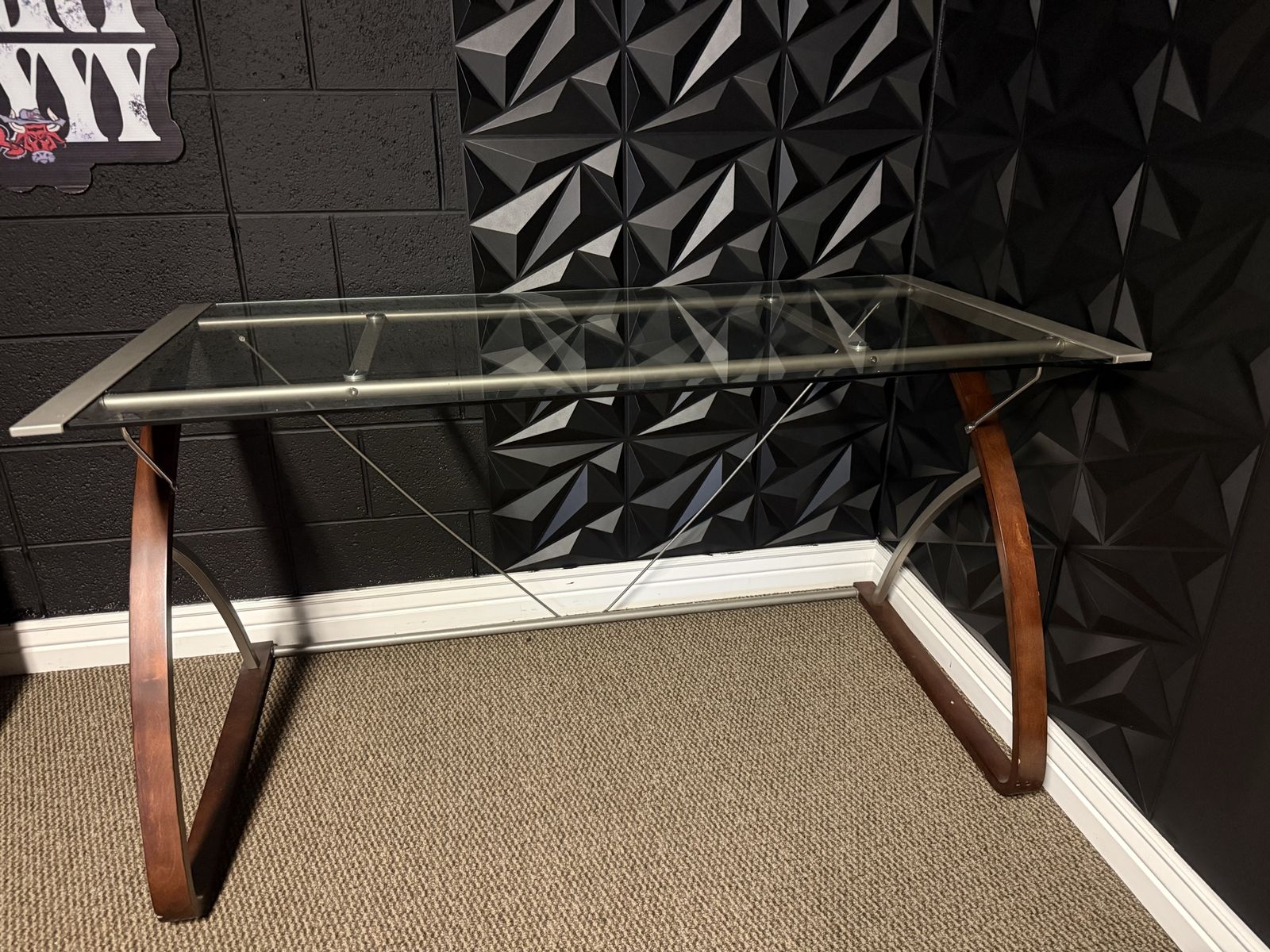 Modern Glass Top Desk with Curved Wood Legs