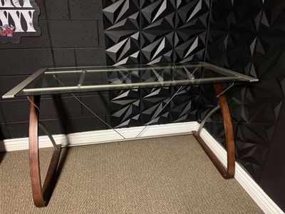 Modern Glass Top Desk with Curved Wood Legs
