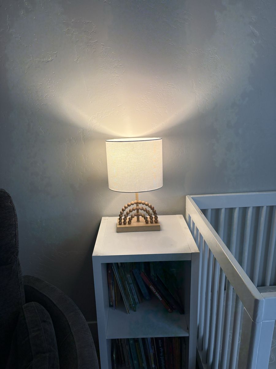 Wooden Beaded Rainbow Table Lamp with White Fabric Shade - Nursery/Kids Room Decor