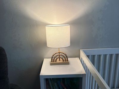 Wooden Beaded Rainbow Table Lamp with White Fabric Shade - Nursery/Kids Room Decor