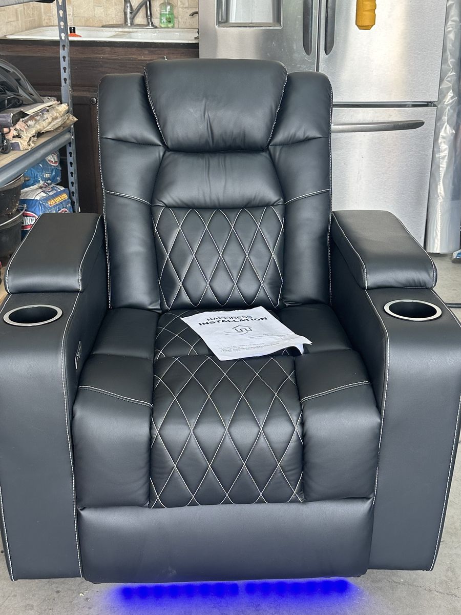 Black Faux Leather Home Theater Recliner Chair with Cup Holders and LED Base Lighting