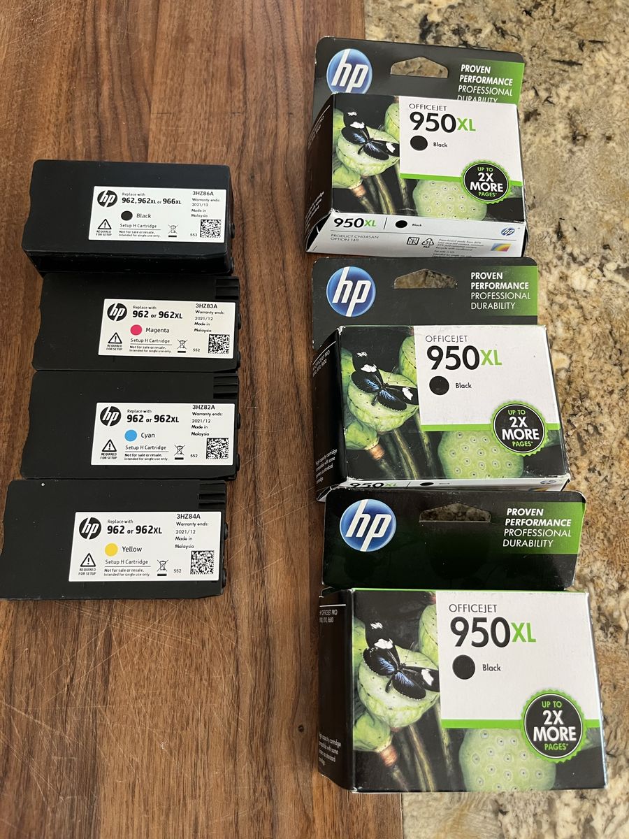 New HP OfficeJet printer ink Cartridges 950 XL and 962 combo pack half price.