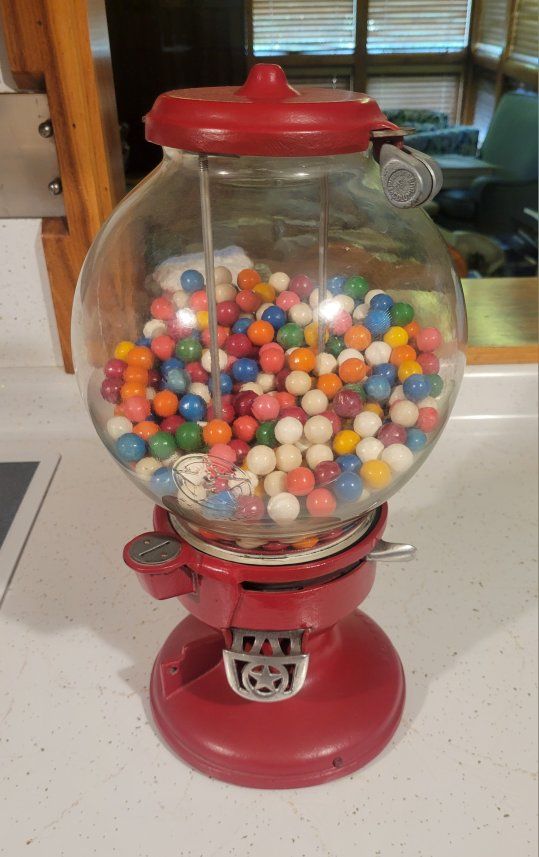 Vintage Columbus Red Cast Iron Gumball Machine with Glass Globe and Gumballs
