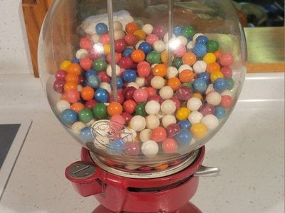 Vintage Columbus Red Cast Iron Gumball Machine with Glass Globe and Gumballs