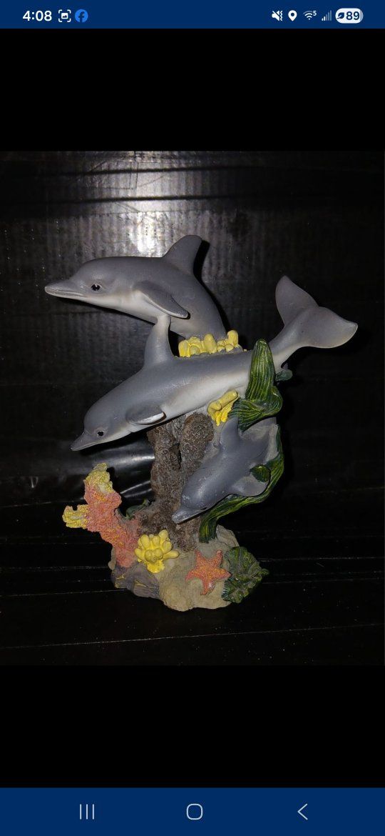 Dolphin Family Figurine Coral Reef Ocean Aquatic Nautical Decor Statue Sea Life Art