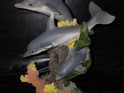 Dolphin Family Figurine Coral Reef Ocean Aquatic Nautical Decor Statue Sea Life Art
