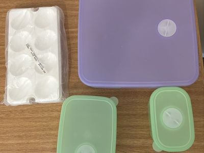 Tupperware SmartVent Food Storage Containers - 3-Piece Set with Clear Base, Purple & Green Lids, 3 Egg Trays